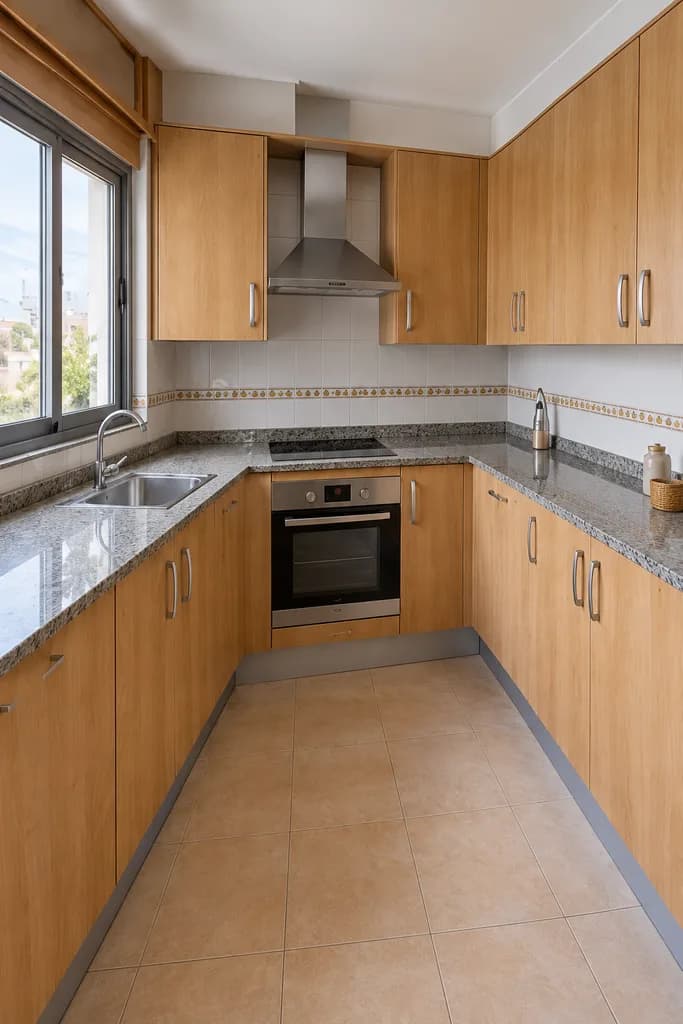 Ejemplo con IA: cocina con muebles de madera antes de la reforma